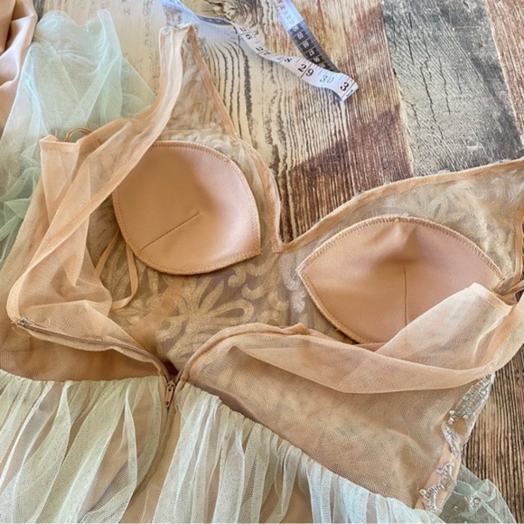 GIANNI BINI sleeveless wedding prom dress v illusion neckline green mint crochet - Picture 14 of 16